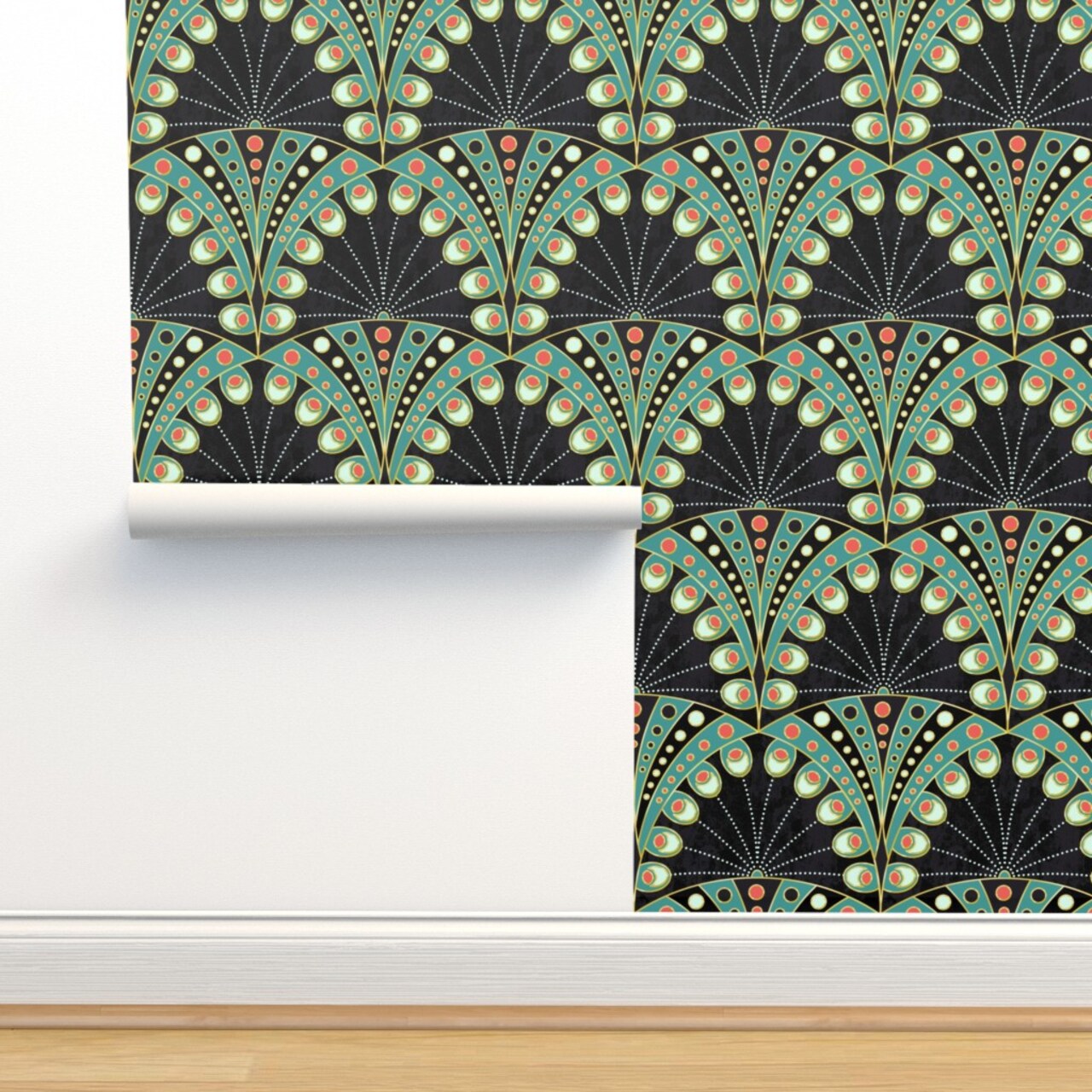 Art Deco Feather Nouveau Geometric Large Scale Boheme Symmetric Black And Teal Custom Pre-pasted Wallpaper by Spoonflower Pre-Pasted Wallpaper 2FT Wide